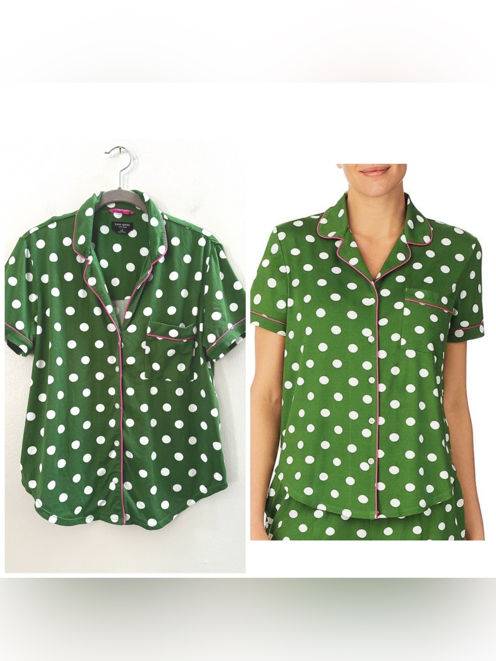 Kate Spade Green White Pink Polka Dot Pajama Sleep Top Small